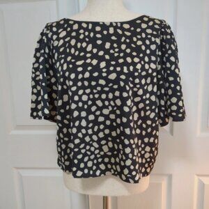 LOFT Women’s Blk & Beige Crop Spotted Blouse w/Back Bow, Size M, NWT